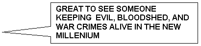 Rectangular Callout: GREAT TO SEE SOMEONE KEEPING EVIL, BLOODSHED, AND WAR CRIMES ALIVE IN THE NEW MILLENIUM